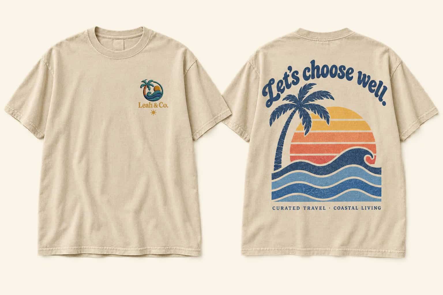Let's Choose Well tee in sand with sunset, palm and wave back print
