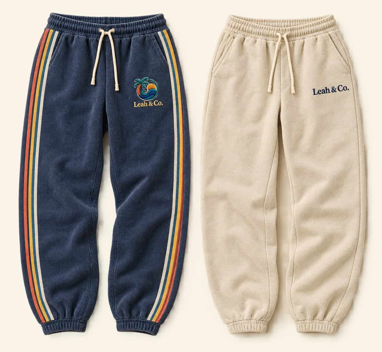 Coastal Sweatpants in faded navy with striped legs and in sand