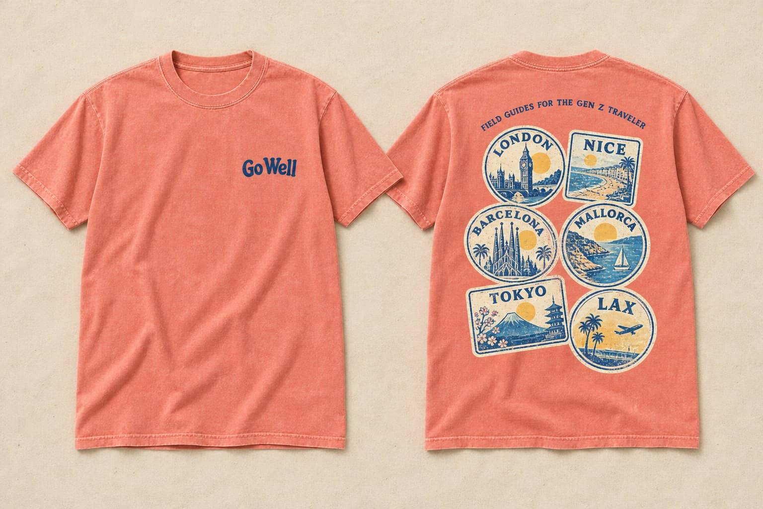Passport Stamps tee in washed coral with six city stamps