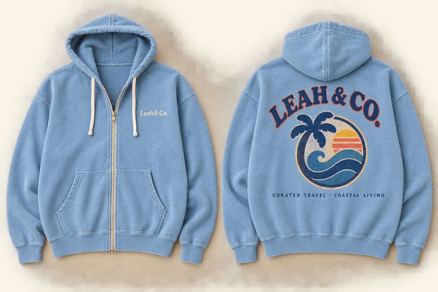 Sunset Zip Hoodie in faded sky blue with Leah & Co. emblem back print