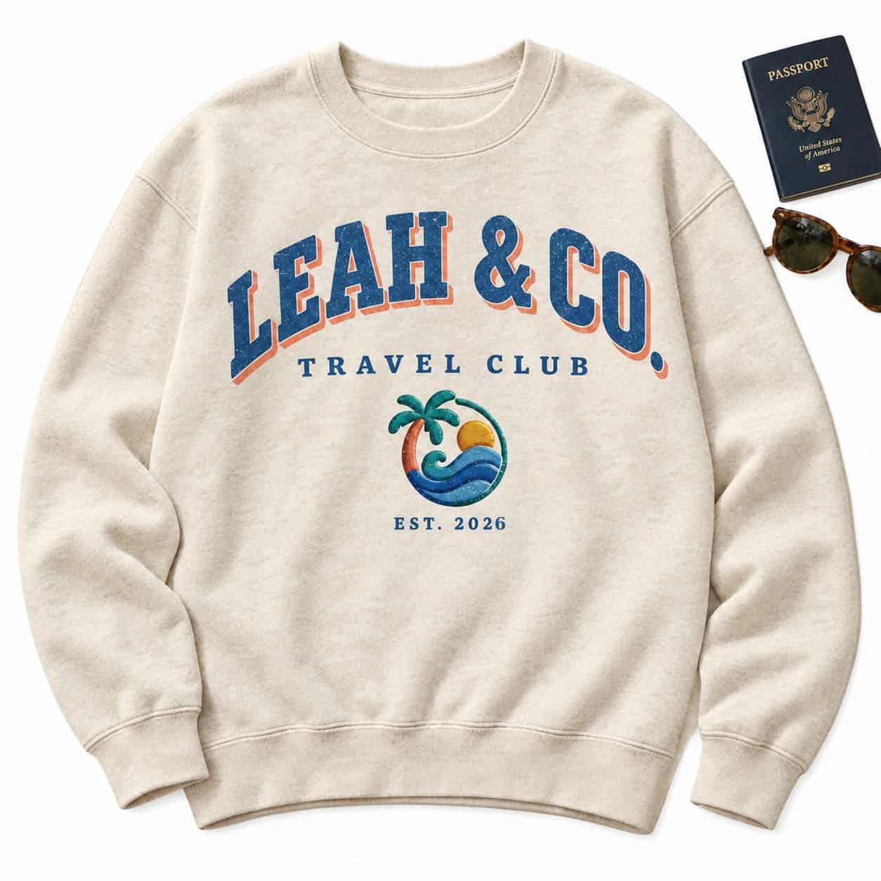Leah & Co. Travel Club crewneck in heather oatmeal, Est. 2026