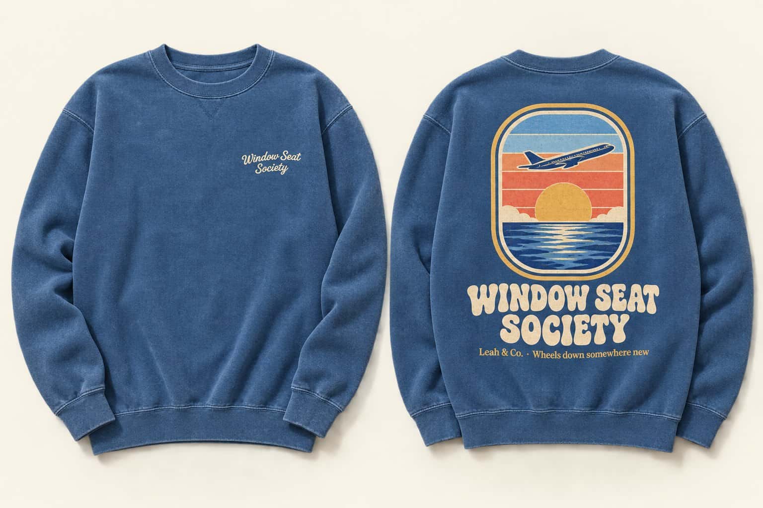 Window Seat Society crewneck in ocean blue