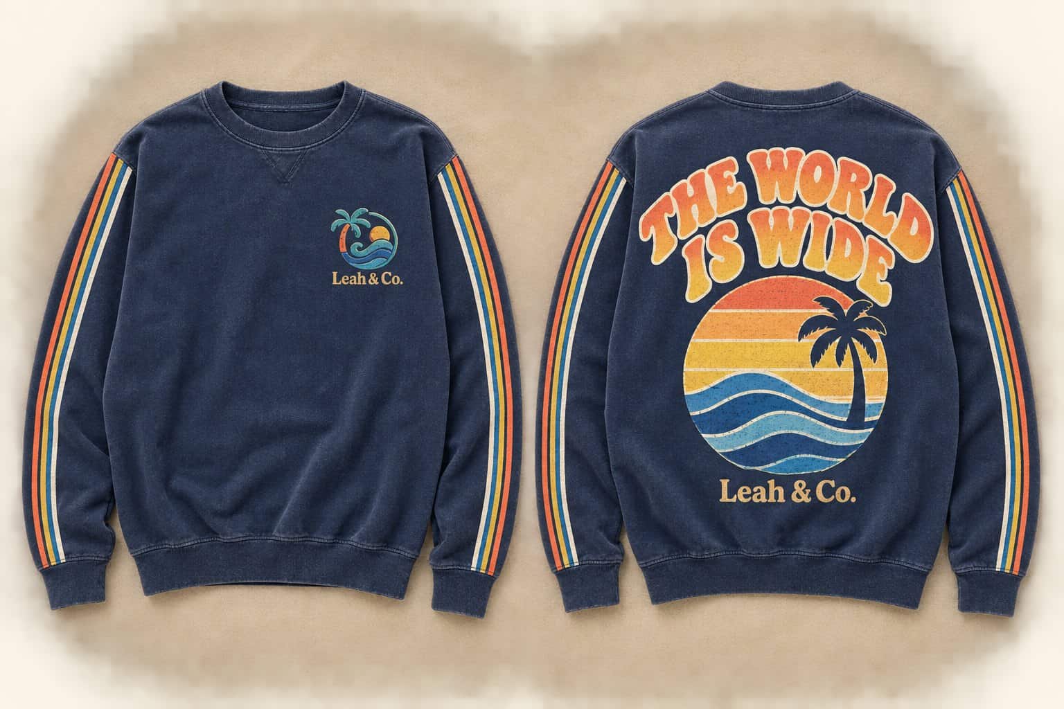 The World Is Wide crewneck in faded navy with sunset back print
